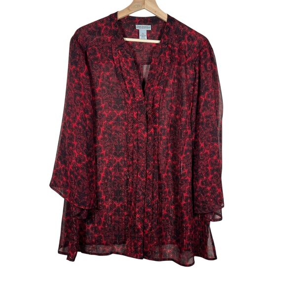 Catherines Maggie Barnes Tunic Top Plus 1X Red Sheer Paisley Shimmer Button Up - Picture 1 of 9